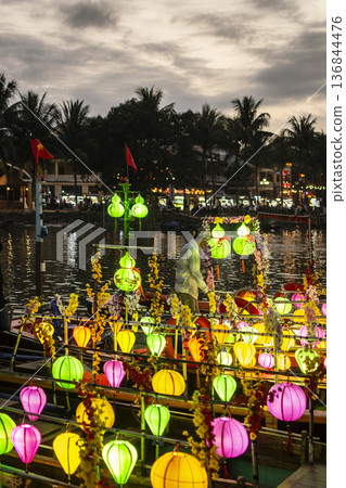 traditional colorful lantern boats at sunset in hoi an old town riverside vietnam traditional colorful lantern boats at sunset in hoi an old town riverside vietnam 136844476