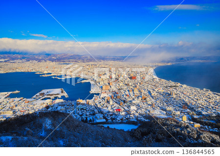 Snowy scenery of Hakodate seen from Mt. Hakodate 136844565
