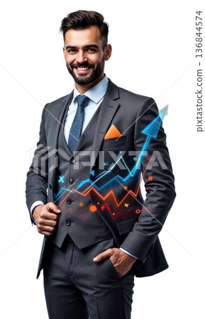A sharp male entrepreneur in a tailored gray suit, surrounded by rising business graphs and glowing financial projections, representing his 136844574
