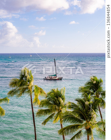 夏威夷威基基海灘,遊艇和棕櫚樹漂浮在海面上。 夏威夷威基基海灘,遊艇和棕櫚樹漂浮在海面上。 136844854