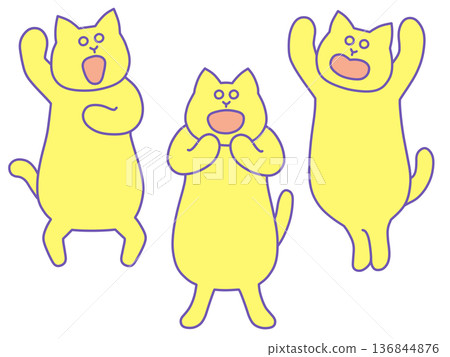 Illustration of cute cats cheering - Banzai, cheering, fist pump - Yellow Illustration of cute cats cheering - Banzai, cheering, fist pump - Yellow 136844876