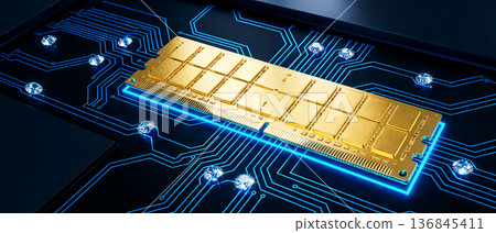 Flat layout, gold computer memory module...-插圖素材 [136845411] - PIXTA圖庫