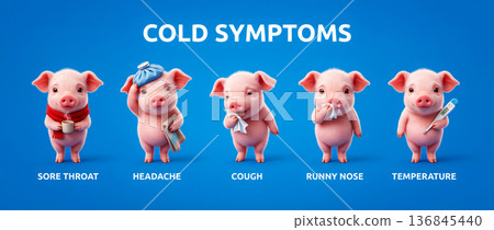 pink pig demonstrating cold symptoms, pictures on a poster with a blue background, a concept for a pediatrician's office poster with kids' flu symptoms 136845440