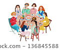 Watercolor illustration of a home party with women sitting around a round table 136845588