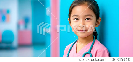 Adorable Asian American child in medical clothing with stethoscope on bright background of pediatric clinic, copy space for text 136845948