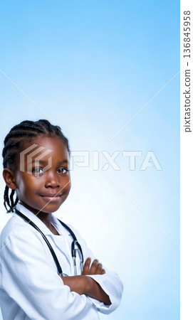 vertical poster of an African American boy in a white doctor's coat and a stethoscope around his neck stands and smiles against a neutral light blue background, with space for advertising and text 136845958