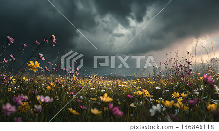 春意盎然，雷雲籠罩花田，景象扣人心弦。 136846118