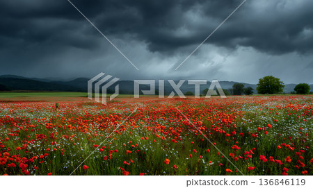 春意盎然，雷雲籠罩花田，景象扣人心弦。 136846119