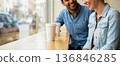 conversation over a cup of coffee, a date in a cafe, a couple talking while sitting at a counter by the window in a cafe shop, copy space for advertising 136846285