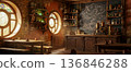 Interior of a vintage cafe in an old building on the seashore, tradition and modernity in brewing your favorite coffee in a coffee shop 136846288