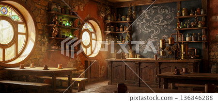 Interior of a vintage cafe in an old building on the seashore, tradition and modernity in brewing your favorite coffee in a coffee shop 136846288
