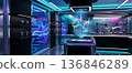 Futuristic view of the cafe interior with a fully robotic system for brewing your favorite coffee, coffee shop project with copy space for text 136846289