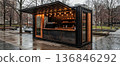 design for repurposing old shipping containers into an outdoor cafe, rainy weather in the city, a concept for reusing old items 136846292