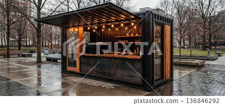 design for repurposing old shipping containers into an outdoor cafe, rainy weather in the city, a concept for reusing old items 136846292