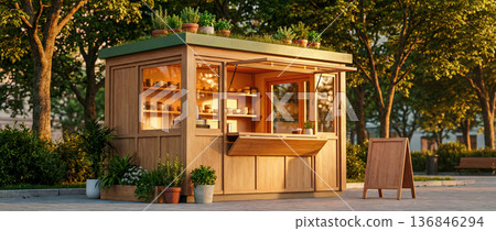 design for a street cafe made of wood and eco-friendly materials in a public park, a coffee shop project in the interior of a modern public space 136846294