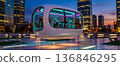 futuristic coffee and snack van, set against a backdrop of an evening city, is a concept for selling popular beverages in a modern city 136846295