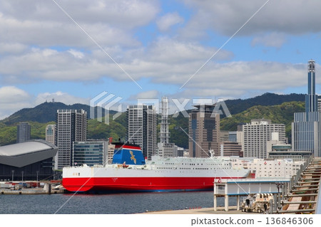 View from the sidewalk of Kobe Bridge, looking towards the Kobe-Miyazaki Ferry Terminal (the Ferry Takachiho at anchor) 136846306