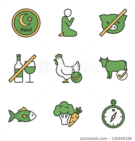 Halal (HALAL) Display Icon Set of 9 Simple Icons for Restaurants Halal (HALAL) Display Icon Set of 9 Simple Icons for Restaurants 136846386