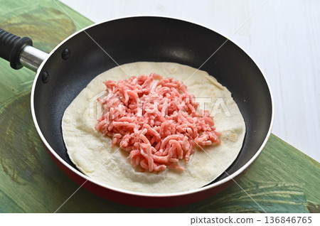 Minced pork on tortilla dough Minced pork on tortilla dough 136846765