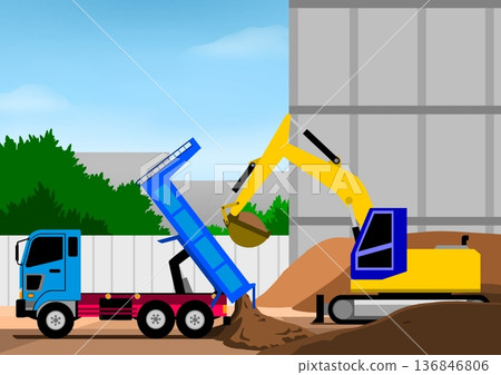 Dump trucks and excavators Dump trucks and excavators 136846806
