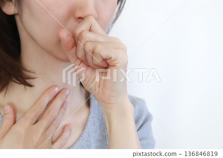 Coughing woman, sore throat image Coughing woman, sore throat image 136846819
