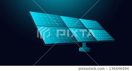Low poly wireframe solar panels on dark blue background. 136846894