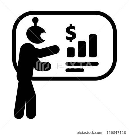 AI robot presenting financial chart icon and dollar symbol representing business analytics, financial growth, revenue monitoring AI robot presenting financial chart icon and dollar symbol representing business analytics, financial growth, revenue monitoring 136847118