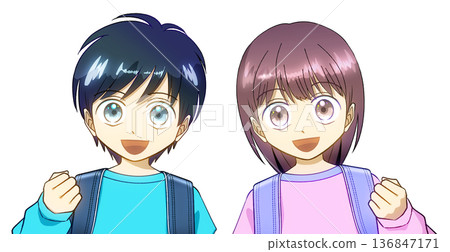 動漫風格的插圖，描繪了背著書包的小學生男女生。 136847171