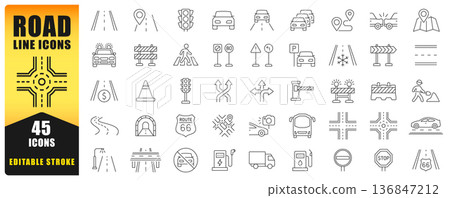 Road And Traffic Line Icon Set Featuring Editable Stroke Vector Symbols. Includes Signs, Vehicles, Intersections, Maps, Construction, And Navigation Elements. Perfect For Apps, Web, Print, And Infogra Road And Traffic Line Icon Set Featuring Editable Stroke Vector Symbols. Includes Signs, Vehicles, Intersections, Maps, Construction, And Navigation Elements. Perfect For Apps, Web, Print, And Infogra 136847212