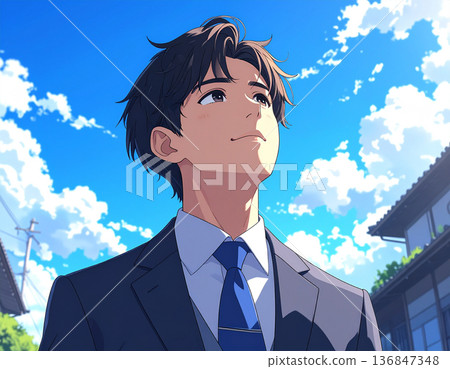 一個穿著西裝的男人仰望天空，邁向未來。 136847348