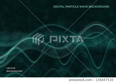 Modern abstract background with flowing digital waves and dotted surfaces forming a dynamic technological scene. Vector. Soft glow, depth effect and clean composition for business, science, artificial 136847510