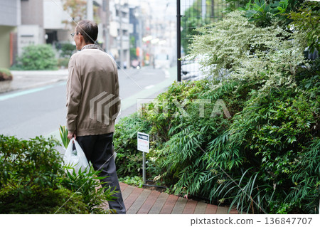 Senior man returning from shopping, back view 136847707