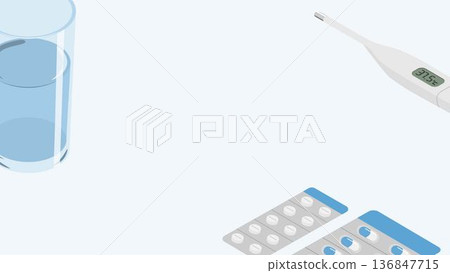 Medicine, thermometer and water background isometric Medicine, thermometer and water background isometric 136847715