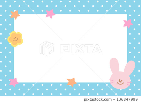 Pastel blue rectangle frame with bunny, stars, polka dot pattern for animal print, polaroid photo, ad template, poster, book cover, notepad, sticky note, memo, banners, border, postcard, easter, zoo 136847999