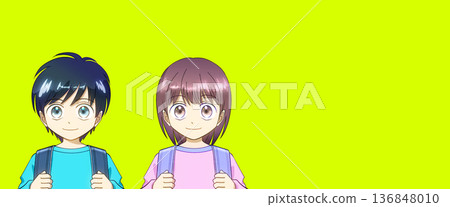 Anime-style illustration of elementary school boys and girls carrying school bags 136848010