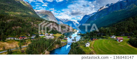 Beautiful Nature Norway natural landscape. lovatnet lake Lodal valley. Beautiful Nature Norway natural landscape. lovatnet lake Lodal valley. 136848147