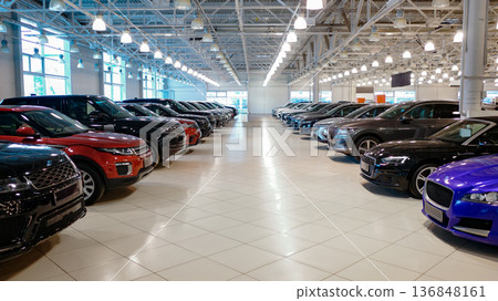 Car dealership showroom interior with rows of new vehicles. Car dealership showroom interior with rows of new vehicles. 136848161