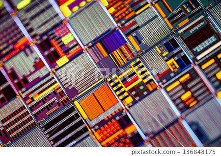 Silicon semiconductor wafer with integrated circuit die mosaic pattern. 136848175