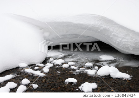 Water flowing by deep white snow on riverbank, Hokkaido, Japan Water flowing by deep white snow on riverbank, Hokkaido, Japan 136848424