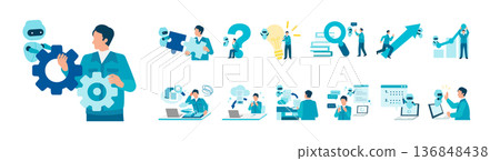 一組商業插畫，描繪了一位身著工作服的男性員工使用人工智慧技術，以及語音支援和文件摘要等提升工作效率的場景。 136848438