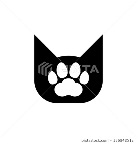Cat head with paw print. Vector logo and icon. Black silhouette. Cat head with paw print. Vector logo and icon. Black silhouette. 136848512