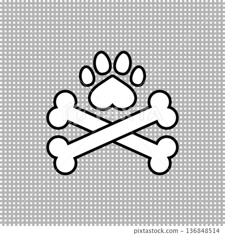 Two dog crossbones and paw print. Crossed bones icon and logo design. Outline and line style. Isolated black and white vector illustration on transparent background. Two dog crossbones and paw print. Crossed bones icon and logo design. Outline and line style. Isolated black and white vector illustration on transparent background. 136848514