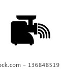 Electric meat grinder icon with mince. Black silhouette. Isolated vector illustration on white background. 136848519