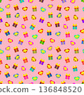 Gifts boxes and hearts with ribbon bow. Vector festive pink background seamless repeating pattern. Editable template. 136848520