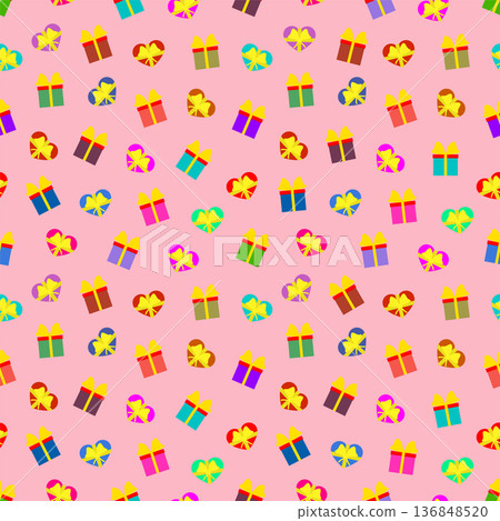 Gifts boxes and hearts with ribbon bow. Vector festive pink background seamless repeating pattern. Editable template. Gifts boxes and hearts with ribbon bow. Vector festive pink background seamless repeating pattern. Editable template. 136848520