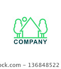 Green logo with country house and landscape. Simple minimal design and template. Isolated vector illustration on white background. 136848522