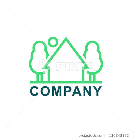 Green logo with country house and landscape. Simple minimal design and template. Isolated vector illustration on white background. Green logo with country house and landscape. Simple minimal design and template. Isolated vector illustration on white background. 136848522