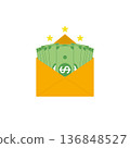 Opened gold envelope with money and shining stars. Paper dollar bills. Vector illustration. 136848527
