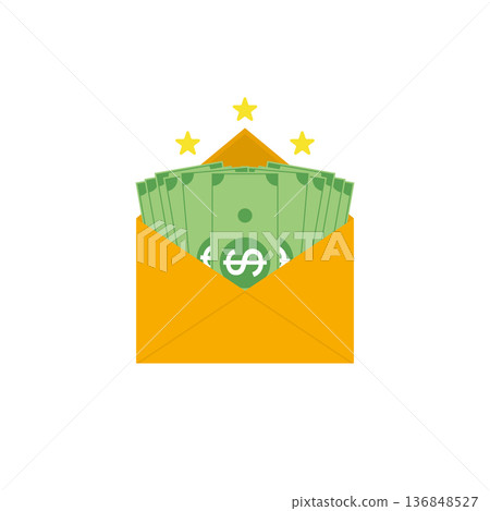 Opened gold envelope with money and shining stars. Paper dollar bills. Vector illustration. Opened gold envelope with money and shining stars. Paper dollar bills. Vector illustration. 136848527