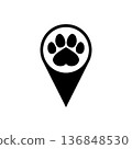 Dog paw print icon with heart on location pin. Silhouette. Isolated vector illustration on white background. 136848530